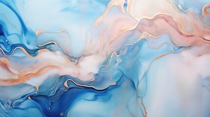  a blue and pink fluid painting with a white border and a gold border.  generative ai