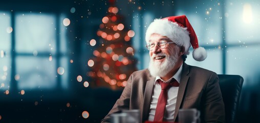 Smiling portrait of a happy caucasian man with Christmas hat  in a business office decorated for christmas and the new year holidays - obrazy, fototapety, plakaty