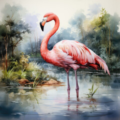 Pink flamingo in a tropical swamp setting illustration