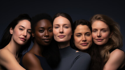 Obraz premium Cheerful women of different nationalities and ages standing together in studio