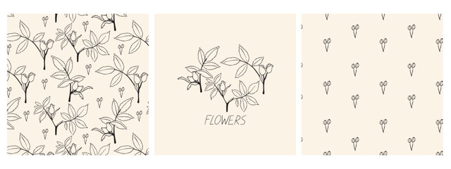 Obraz premium Set of patterns and print with rose hops in linear style. Elegant floral pattern with wild rose, berries and foliage on a beige background. Isolated vector print with botanical branches. 