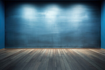 Beautiful versatile backdrop for product design and presentation with a blue wall and wood floor