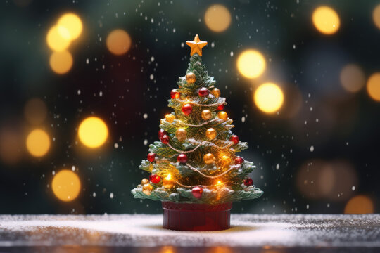 Miniature Christmas tree with beautiful bokeh of Christmas lights. 