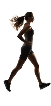 The figure of a woman jogging on a light, transparent background. PNG file. Generative AI