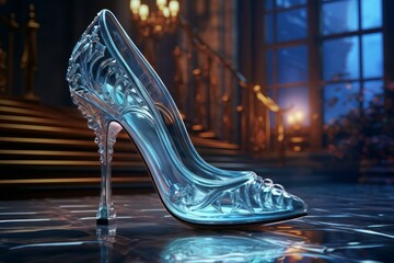 Glass slipper from fairy tales and legends. Background with selective focus and copy space
