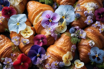 Obraz na płótnie Canvas croissants with edible flowers, apothecary aesthetic, croissants pattern 