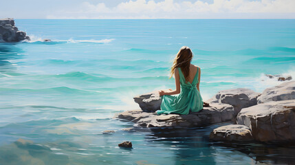 Fototapeta na wymiar A girl meditates on the shore of the turquoise ocean