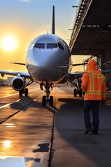 Fototapeta premium Airport worker checking airplane before boarding in the airport at sunset. Generative AI