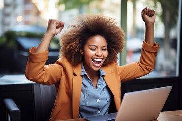 Cheerful Afro American businesswoman celebrating success while using laptop in cafe Generative AI - obrazy, fototapety, plakaty