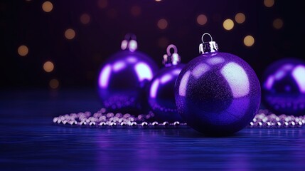  a group of shiny purple christmas ornaments on a shiny surface.  generative ai