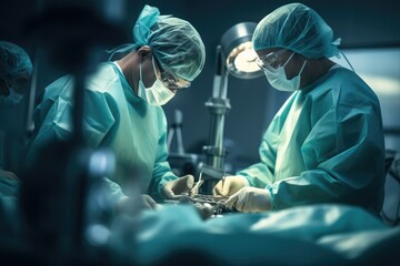 Medical team performing operation. Group of surgeon at work in operating theatre toned in blue. - obrazy, fototapety, plakaty
