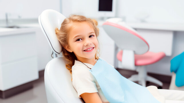 Photo of cheerful shiny girl dress white t-shirt smiling, sitting on professional chair, dentist room background