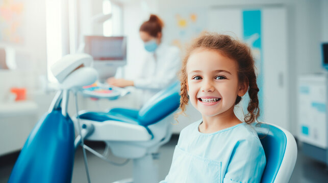 Charming little girl sitting in dental chair smiling and looking at camera, female patient waiting for dental treatment at modern clinic