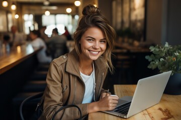 Woman with a laptop. The concept of remote work or freelancing. Portrait with selective focus - obrazy, fototapety, plakaty