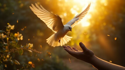 Dove as a symbol of peace. Love and hope concept. Background with selective focus and copy space - obrazy, fototapety, plakaty