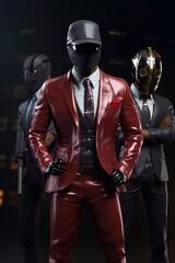 Futuristic mans in group in a suit and mask on a black background Generative AI