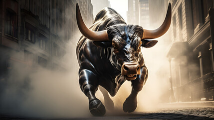Wall Street Bull Captured in All Its Glory Representing Bull Market, Growth and Financial Optimism - obrazy, fototapety, plakaty