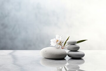 Obraz na płótnie Canvas Spa still life with zen stones and white orchid flower, Beautiful composition with spa stones on white marble table, AI Generated