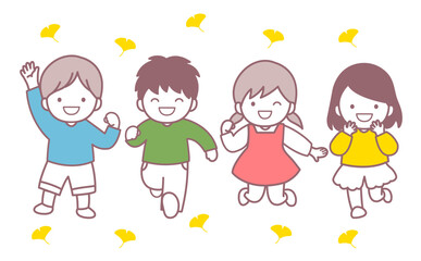 楽しそうな子どもたちとイチョウ　イラスト