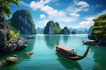 Beautiful landscape with longtail boats in Halong bay, Vietnam, Beautiful landscape Halong Bay view from adove the Bo Hon Island, AI Generated - obrazy, fototapety, plakaty