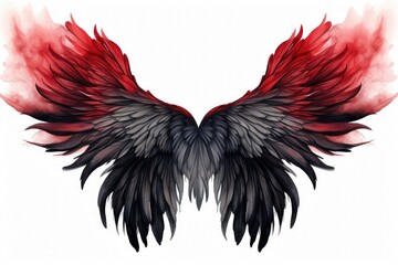 Red and black wings of an eagle isolated on a white background. Beautiful magic red black wings drawn with watercolor effect, AI Generated