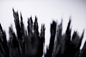 Iron filings spikes. Reaction of iron dust to a magnetic field. Visualisation. Texture, of magnetic particles. Black and white futuristic. - obrazy, fototapety, plakaty