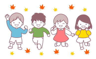 楽しそうな子どもたちと紅葉　イラスト