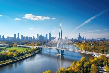 Aerial view of the bridge over the Dnieper river in Kiev, Ukraine, aerial drone view to cable-stayed Siekierkowski Bridge over the Vistula river and Warsaw City skyscrapers, AI Generated