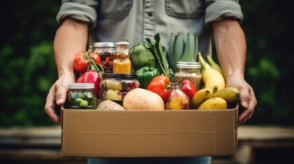 Close Up View Of Man Donating Food Including Vegetables And Fruits Amidst Inflation With Food Banks. Community Solidarity And Helping The Needy. Generative AI