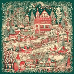 red and green christmas scene drawing style