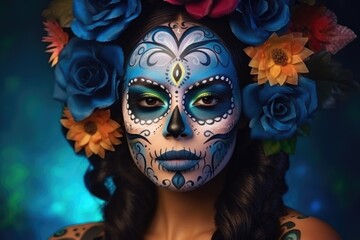 A woman's face in close-up. Makeup for the Day of the dead.