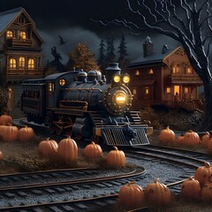 halloween pumpkins in abandoned railway station and around rail tracks