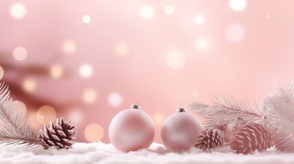  a pink christmas background with pine cones and pine cones on snow.  generative ai - obrazy, fototapety, plakaty
