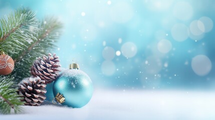 Fototapeta na wymiar a blue christmas ornament and a pine cone on a snowy surface. generative ai