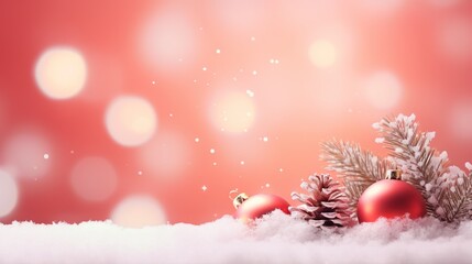 Fototapeta na wymiar a red and white christmas background with ornaments and pine cones. generative ai