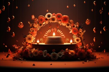 The stage is a podium for advertising products for the day of the dead. Marigolds, flowers,...