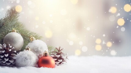 Naklejka na ściany i meble a christmas tree with ornaments and pine cones in the snow. generative ai