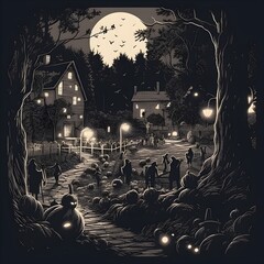 halloween background with house in a dark night