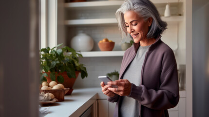 Fototapeta na wymiar Mature woman stands in cozy kitchen, happily browsing smartphone, enjoying moment of relaxation at home
