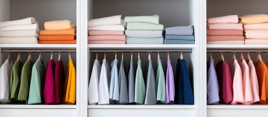 Minimalist style close up of colorful clothes in white wardrobe shelves - obrazy, fototapety, plakaty