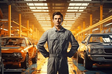 Portrait of a handsome young Caucasian man in coveralls standing with his hands on his waist and looking at the camera in a garage. Generative AI