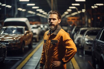 Portrait of a handsome young Caucasian man standing with his hands on his waist and looking at the camera in a garage. Generative AI