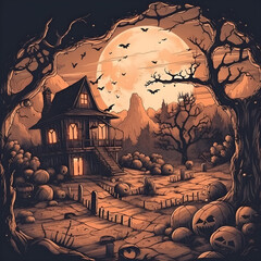 haunted house in the woods halloween scene