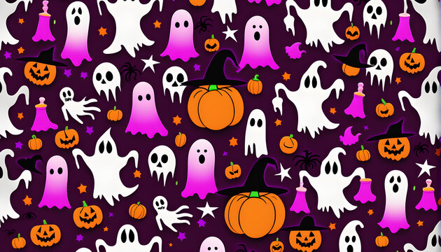halloween themed cartoon background with pumpkins, creepy ghosts, and witches, in the style of dark pink and orange