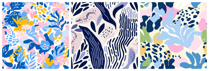 Abstract plant leaf art seamless pattern set with colorful hand drawn exotic summer foliage doodle. Organic leaves cartoon background collection, simple nature shapes in vintage pastel colors. 