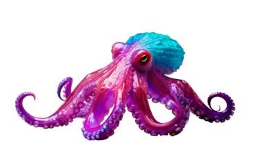 bright fluorescent purple pink multicolored octopus, isolated,cut out