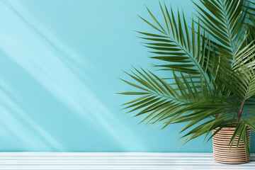 Fototapeta na wymiar Tranquil Retreat: Coconut Palm Leaf Casting Shade on a Blue Wall, Evoking Serenity. Generative AI