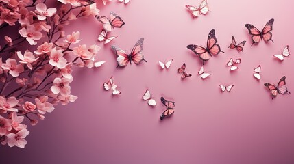  a group of butterflies flying over a pink flower filled wall.  generative ai
