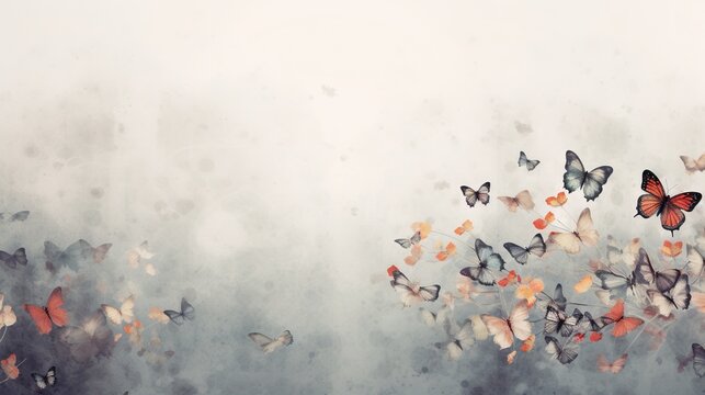 a group of butterflies flying in the air over a foggy background.  generative ai