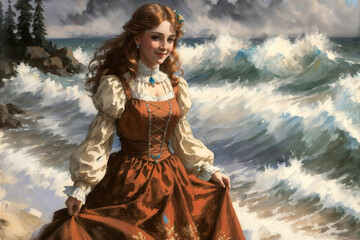 Fototapeta premium portrait of a beautiful girl posing on a stormy sea with big waves and ships